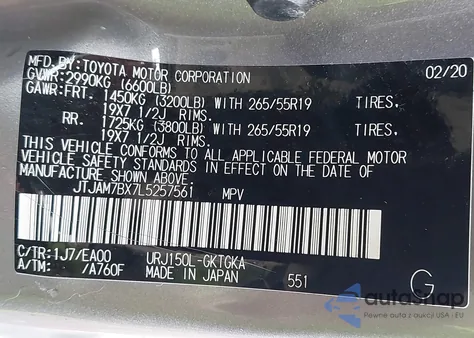 2020 Lexus Gx 460 Premium z USA, uszkodzony, nr VIN JTJAM7BX7L5257561